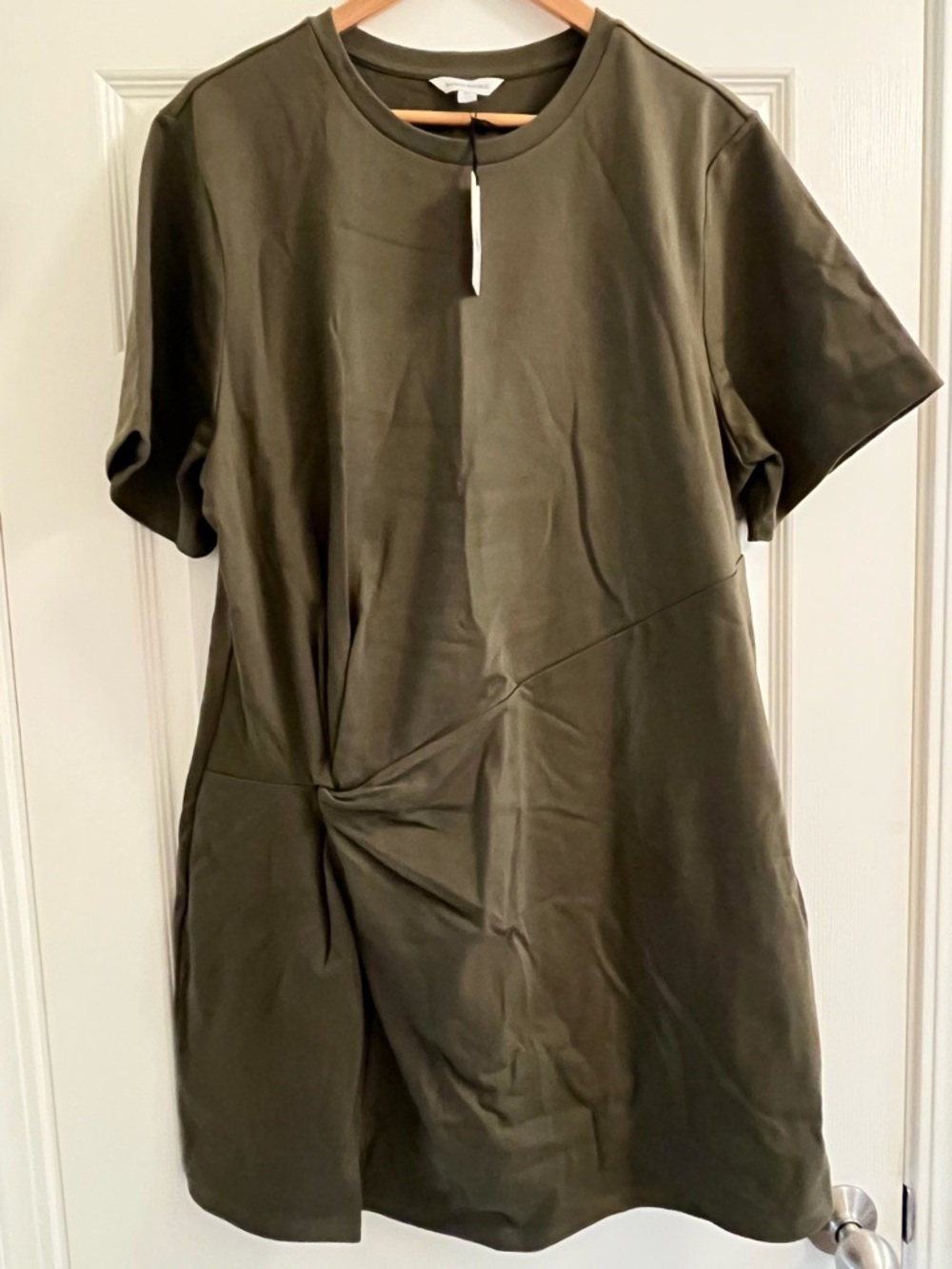 Olive Green Cotton Sleeve Twist-Front T-shirt Shift Dress
